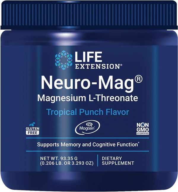 Life Extension Neuro-Mag Magnesium L-Threonate Powder (Tropical Punch) - Ultra-Absorbable - Supports Memory, Focus, Cognitive Function & Mood - Gluten No, Non-Gmo, Vegetarian (30 Servings)