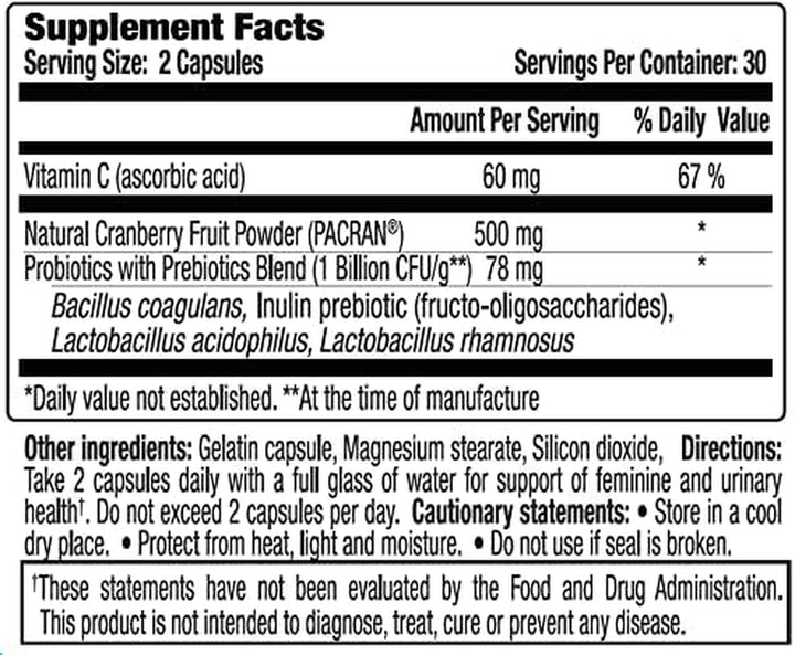 Vh Essentials Probiotics with Prebiotics and Cranberry Feminine Health Supplement - 120 Capsules (544-36)