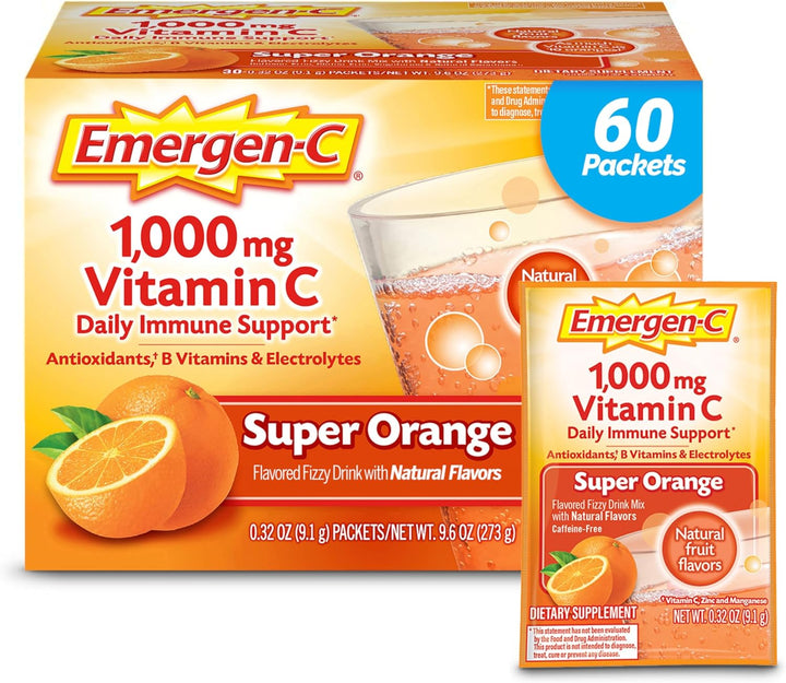 Emergen-C 1,000 Mg Vitamin C Dietary Supplement Drink Mix, Super Orange/Raspberry/Tropical, 90 Packets, Net Wt. 28.5 Oz.