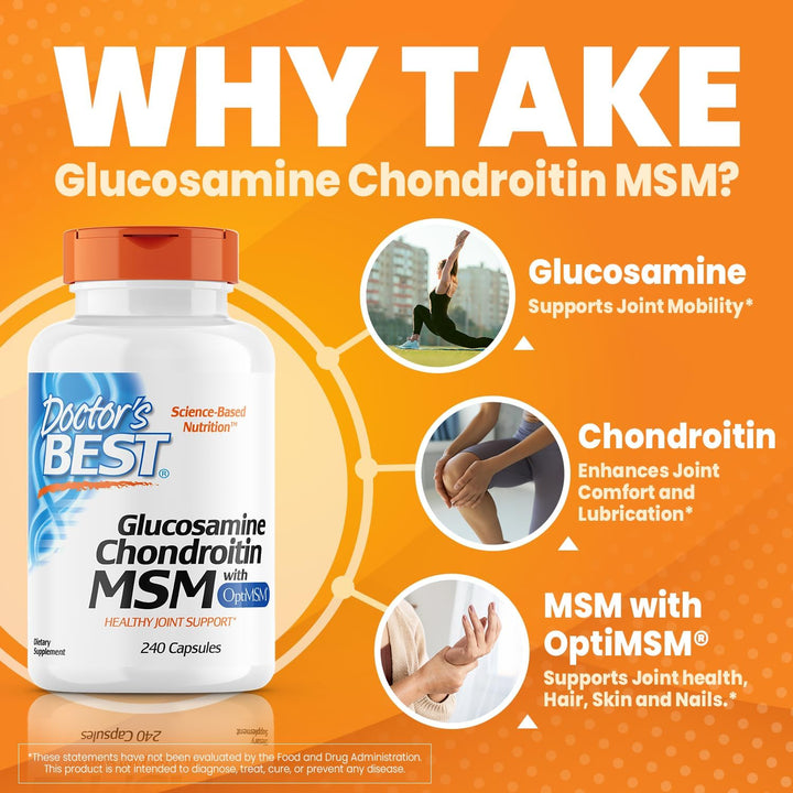 Doctor'S Best Glucosamine Chondroitin Msm with Optimsm Capsules, Supports Healthy Joint Structure, Function & Comfort, Non-Gmo, Gluten Free, Soy Free, 240 Count (Pack of 1)