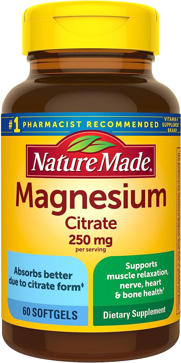 Nature Made Magnesium Citrate 250 Mg per Serving, Dietary Supplement for Muscle, Nerve, Bone and Heart Support, 60 Softgels, 30 Day Supply (Pack of 1)