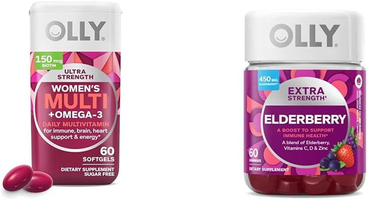 OLLY Ultra Women'S Multi Softgels + Extra Strength Elderberry Gummies, 60 Count Immune Support Vitamin Bundle