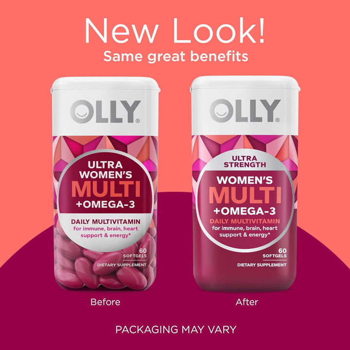 OLLY Ultra Women'S Multi Softgels, Overall Health and Immune Support, Omega-3S, Iron, Vitamins A, D, C, E, B12, Daily Multivitamin, 30 Day Supply - 60 Count