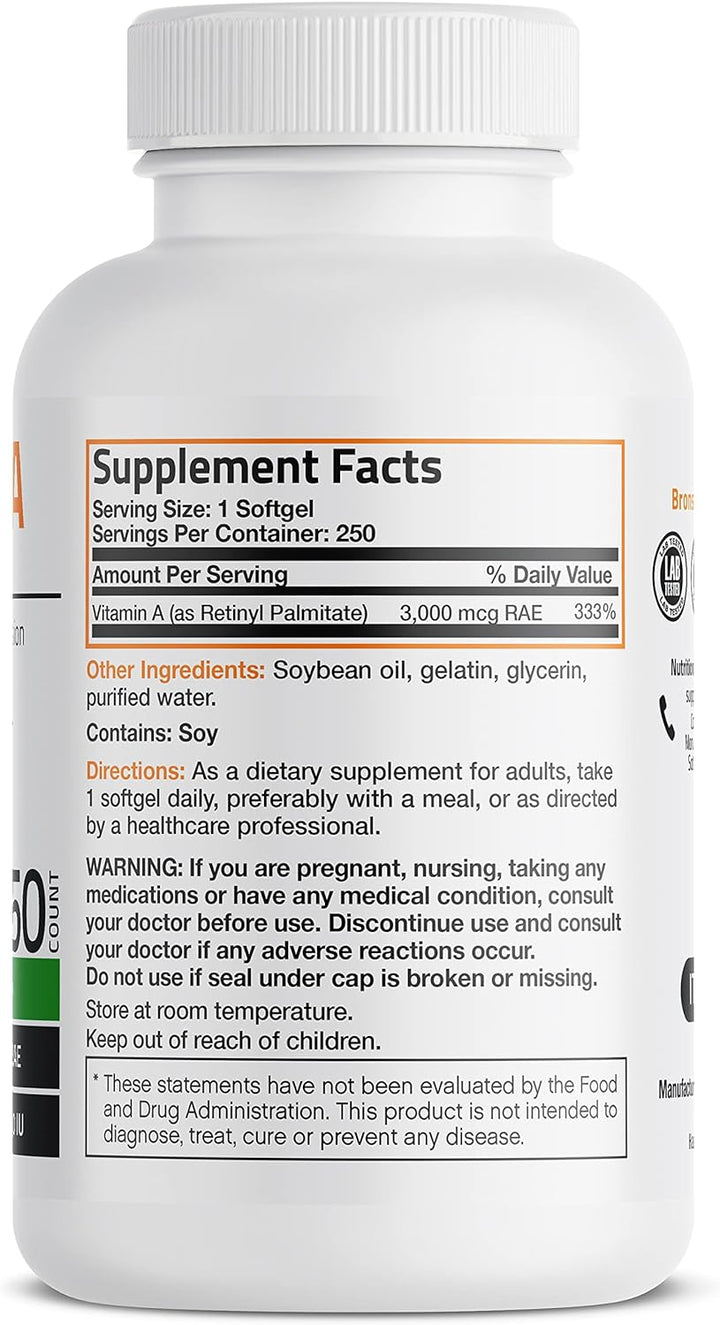 Bronson Vitamin a 10,000 IU Premium Non-Gmo Formula Supports Healthy Vision & Immune System and Healthy Growth & Reproduction, 250 Softgels