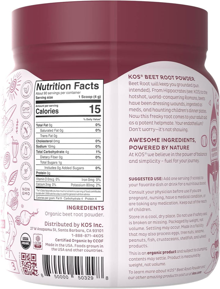 KOS Organic Beet Root Powder - USDA Certified, Nitric Oxide Booster, Non-Gmo, Gluten & Soy Free - 90 Servings