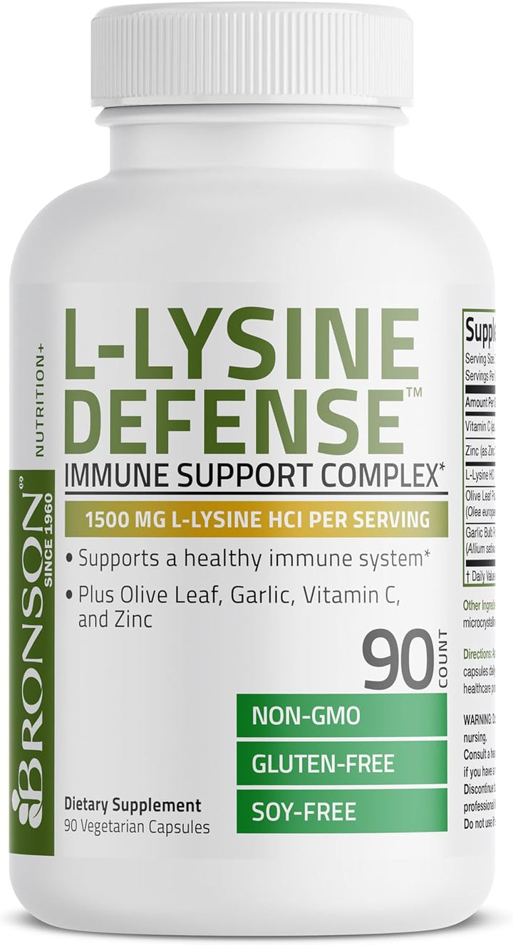 Bronson L-Lysine Defense Immune Support Complex 1500 MG L-Lysine plus Olive Leaf, Garlic, Vitamin C and Zinc - Non-Gmo, 250 Vegetarian Capsules