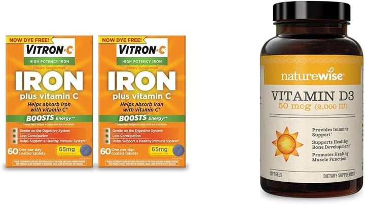 Vitron-C Iron Supplement, Once Daily, High Potency Iron plus Vitamin C & Naturewise Vitamin D3 2000Iu (50 Mcg) Healthy Muscle Function, and Immune Support, Non-Gmo