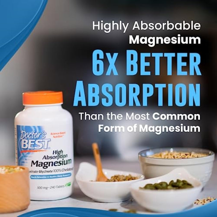 Doctor'S Best High Absorption Magnesium Glycinate Lysinate, 100% Chelated, Non-Gmo, Vegan, Gluten & Soy Free, 100 Mg, 240 Count