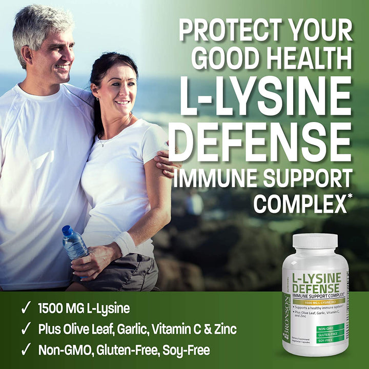 Bronson L-Lysine Defense Immune Support Complex 1500 MG L-Lysine plus Olive Leaf, Garlic, Vitamin C and Zinc - Non-Gmo, 250 Vegetarian Capsules