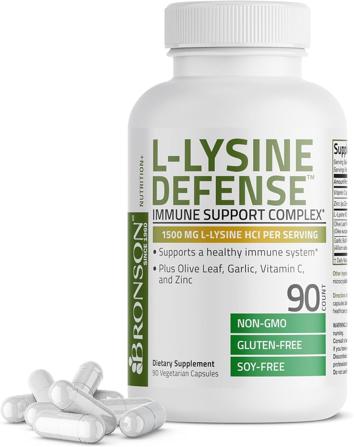 Bronson L-Lysine Defense Immune Support Complex 1500 MG L-Lysine plus Olive Leaf, Garlic, Vitamin C and Zinc - Non-Gmo, 250 Vegetarian Capsules