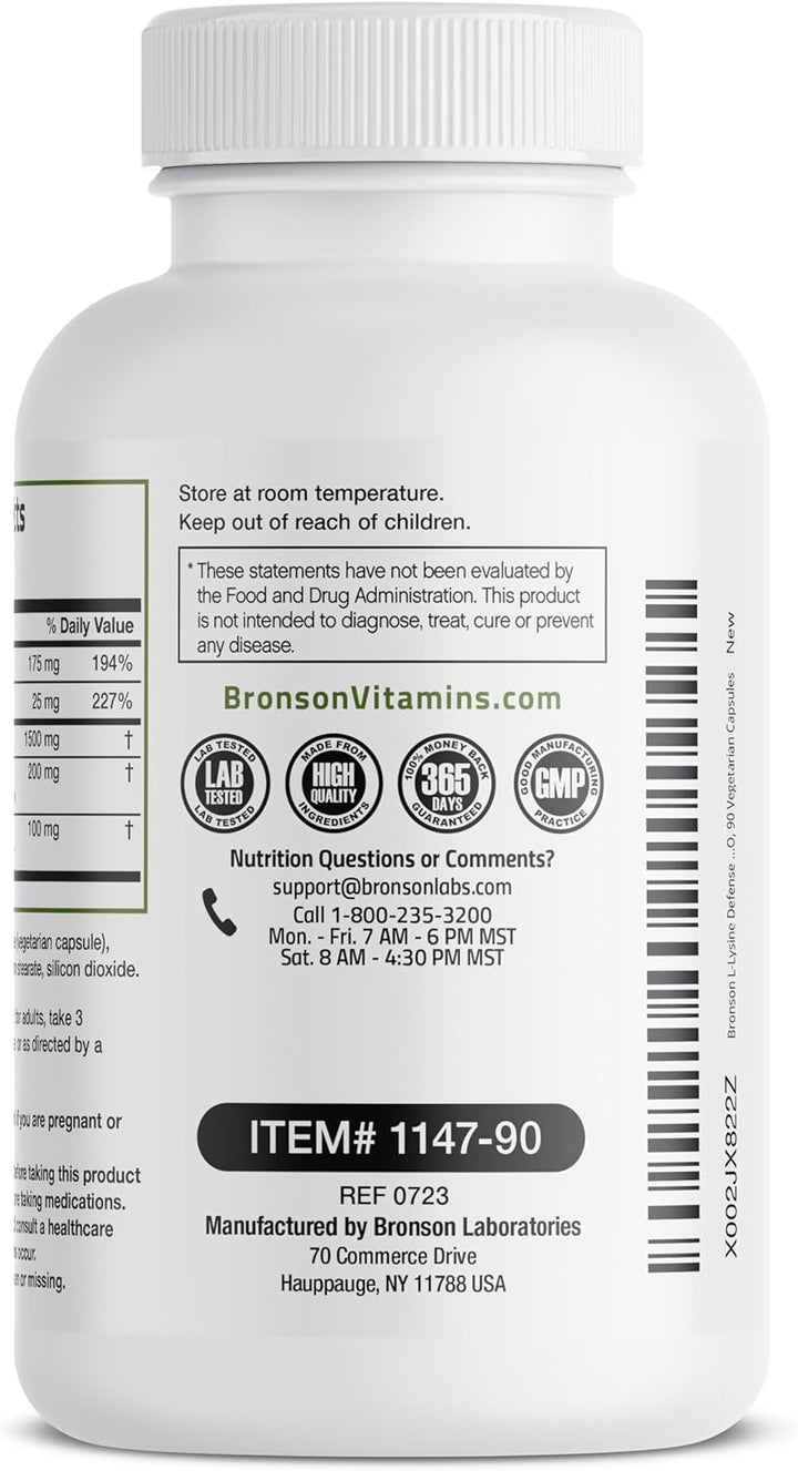 Bronson L-Lysine Defense Immune Support Complex 1500 MG L-Lysine plus Olive Leaf, Garlic, Vitamin C and Zinc - Non-Gmo, 250 Vegetarian Capsules