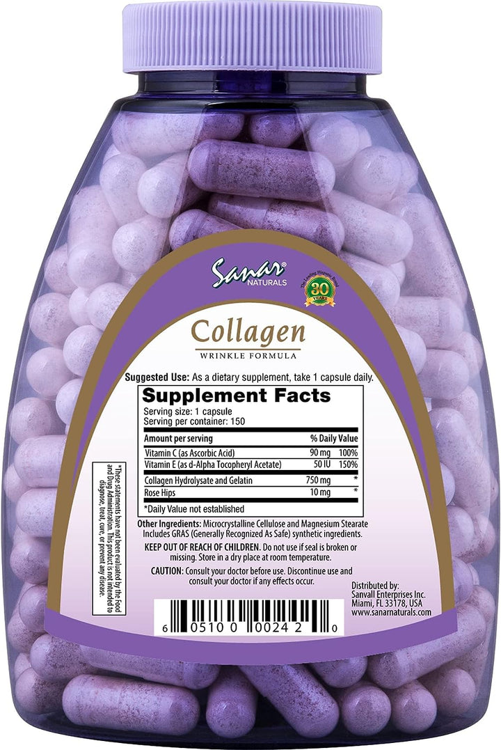 Sanar Naturals Collagen Pills with Vitamin C, E - Reduce Wrinkles, Promotes Hair, Nail, Skin, Joints, Bone - Hydrolyzed Collagen for Women & Men, Collagen Peptides Supplement, 150 Capsules