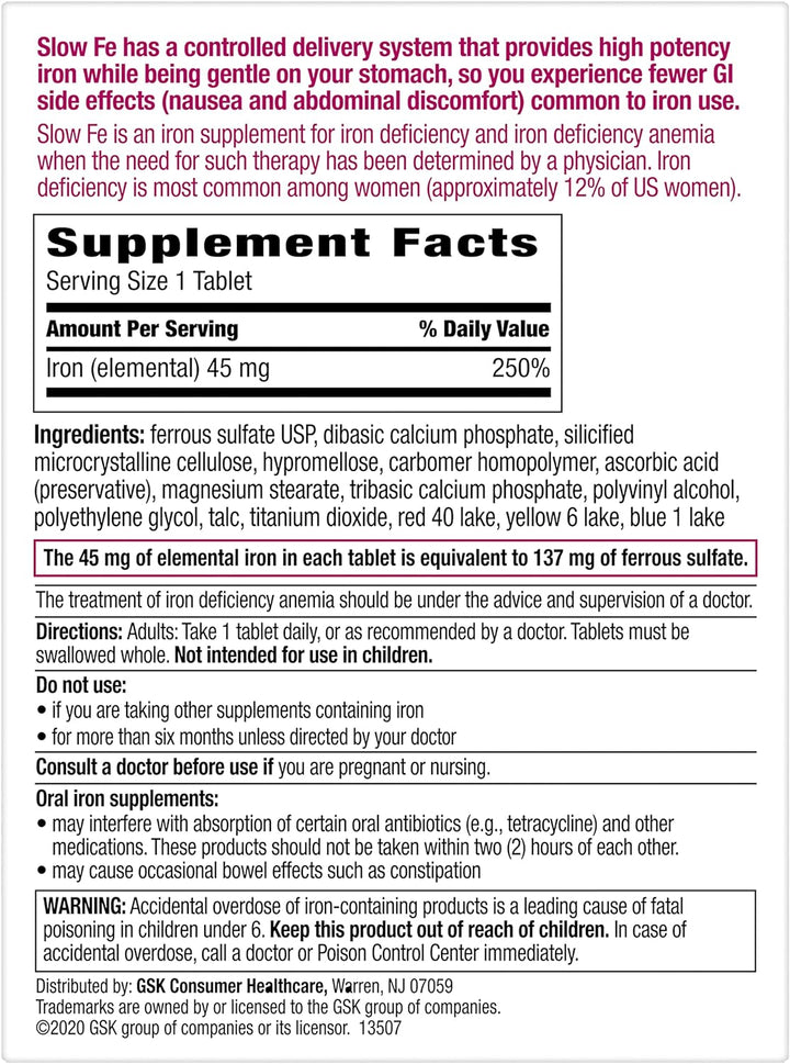 Slow Fe Iron Supplement Tablets for Iron Deficiency, 30 Count (Pack of 3)