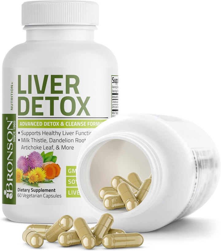 Bronson Liver Detox Advanced Detox & Cleansing Formula Supports Health Liver Function with Milk Thistle, Dandelion Root, Turmeric, Artichoke Leaf & More, Non-Gmo, 60 Vegetarian Capsules