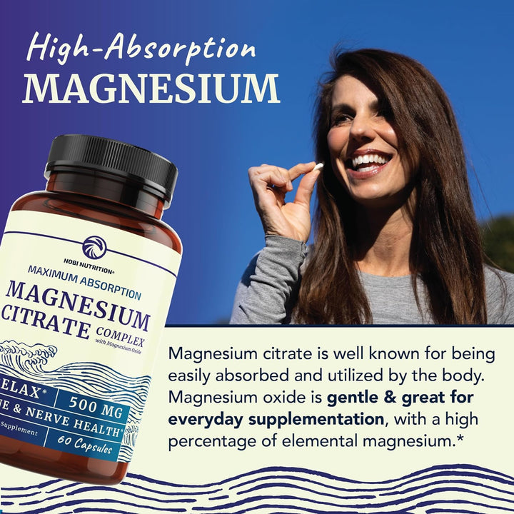 Magnesium Citrate 500MG for Calm, Relaxation, Constipation & Digestion Support Supplement | High Absorption Complex with Elemental Magnesium Oxide | Non-Gmo, Gluten-Free, Third-Party Tested | 60Ct