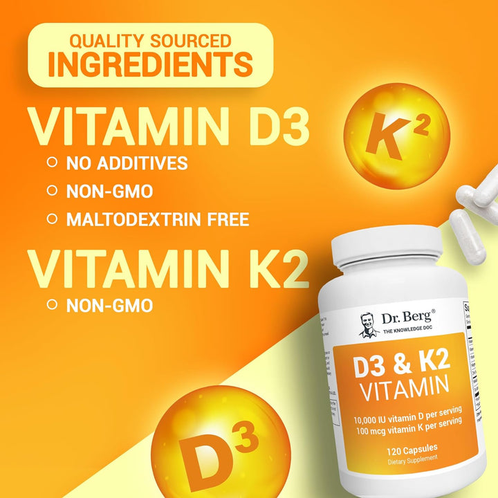 Dr. Berg'S Vitamin D3 K2 Supplement W/Mct Oil - Includes 10,000 IU of Vitamin D3, 100 Mcg MK7 Vitamin K2, Purified Bile Salts, Zinc & Magnesium for Ultimate Absorption - 120 Capsule