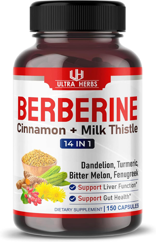 Premium Berberine 12,200MG with Cinnamon, Milk Thistle *USA Made & Test* Promotes Liver Function, Gut Health, Immunity (150 Count (Pack of 1))