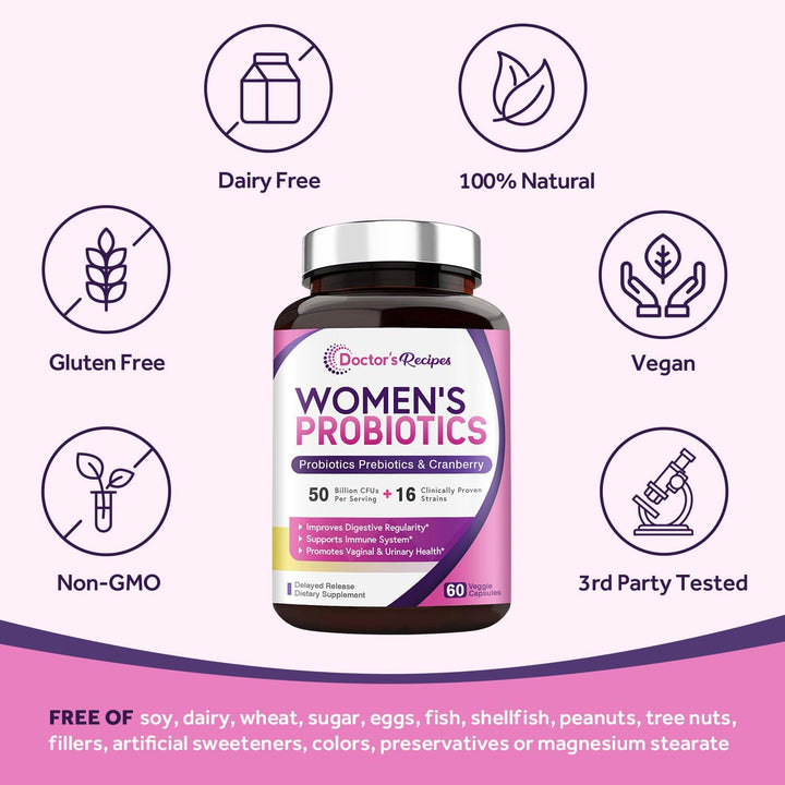 Doctor'S Recipes Women’S Probiotic, 60 Caps 50 Billion CFU 16 Strains, with Organic Cranberry, Digestive Immune Vaginal & Urinary Health, Shelf Stable, Delayed Release, No Soy Gluten Dairy