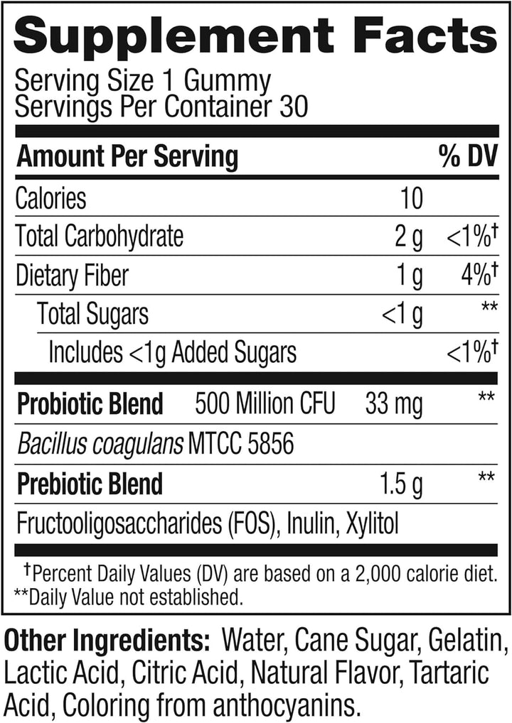 OLLY Probiotic + Prebiotic Gummy, Digestive Support and Gut Health, 500 Million Cfus, Fiber, Adult Chewable Supplement for Men and Women, Peach, 30 Day Supply - 60 Count