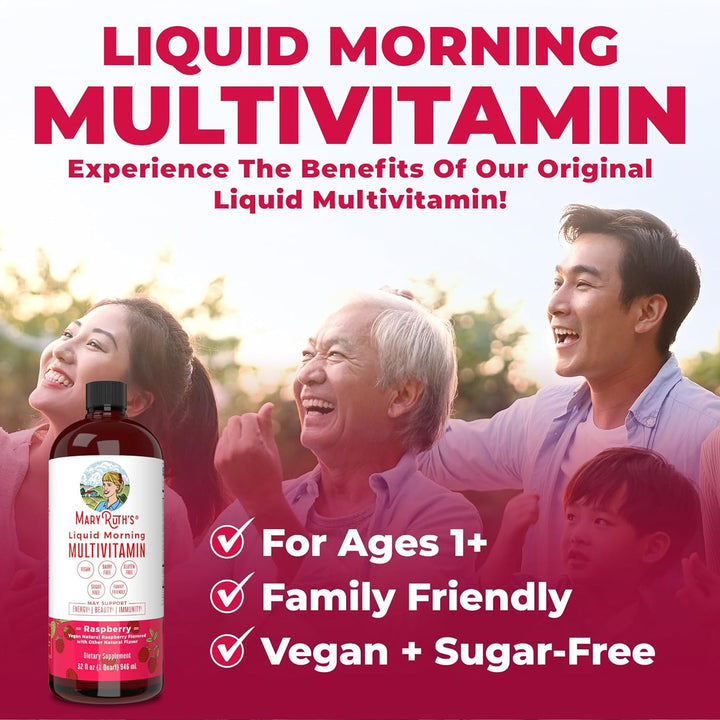 Maryruth'S Multivitamin for Women | Men & Kids | Vegan Liquid Vitamins & Minerals | Adults & Kids Multivitamins | Beauty & Energy Booster | Raspberry | No Added Sugar | 15.22 Fl Oz