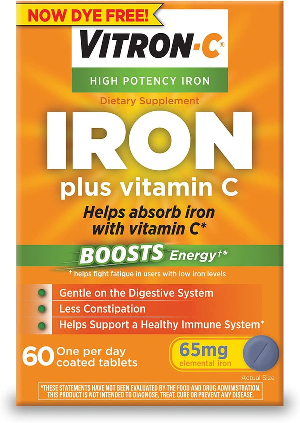 Vitron-C Iron Supplement, Once Daily, High Potency Iron plus Vitamin C, Supports Red Blood Cell Production, Dye Free Tablets, 60 Count