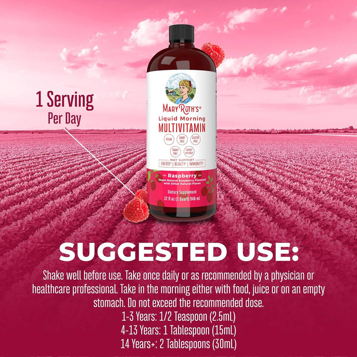 Maryruth'S Multivitamin for Women | Men & Kids | Vegan Liquid Vitamins & Minerals | Adults & Kids Multivitamins | Beauty & Energy Booster | Raspberry | No Added Sugar | 15.22 Fl Oz