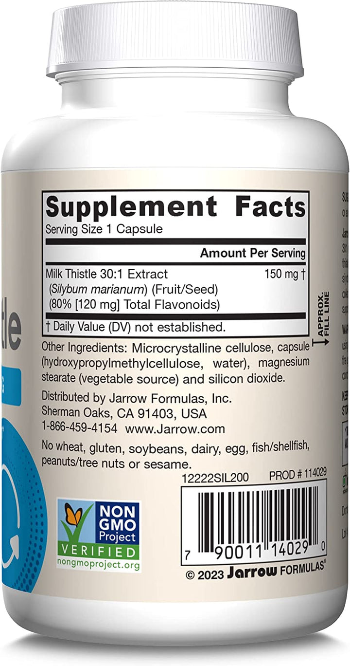 Jarrow Formulas Milk Thistle 150 Mg with 30:1 Standardized Silymarin Extract, Dietary Supplement for Liver Function Support, 200 Veggie Capsules, 66-200 Day Supply