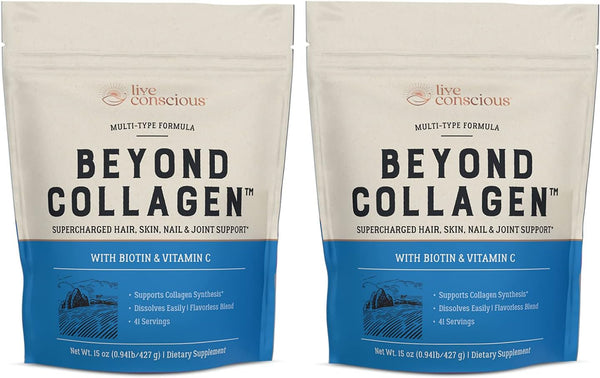 Live Conscious beyond Collagen Multi Collagen Powder - Types I, II, III, V & X | Keto Friendly, Hydrolyzed Blend with Biotin & Vitamin C 15Oz (2-Pack)