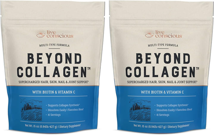 Live Conscious beyond Collagen Multi Collagen Powder - Types I, II, III, V & X | Keto Friendly, Hydrolyzed Blend with Biotin & Vitamin C 15Oz (2-Pack)