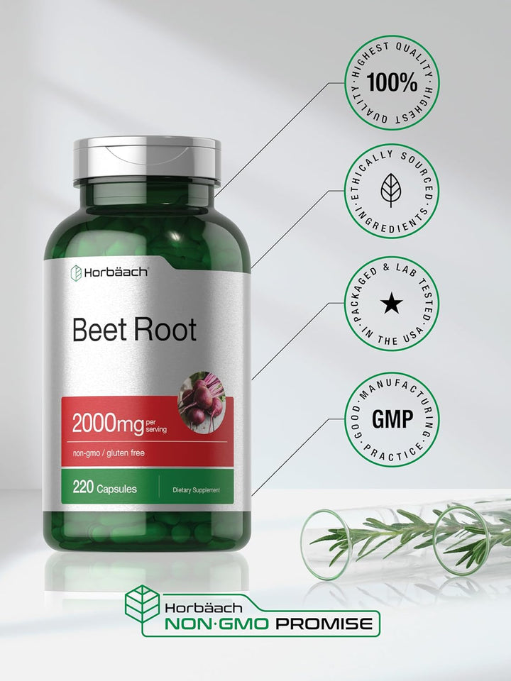 Horbäach Beet Root Powder Capsules | 220 Pills | Herbal Extract | Non-Gmo, Gluten Free, and DNA Tested Supplement