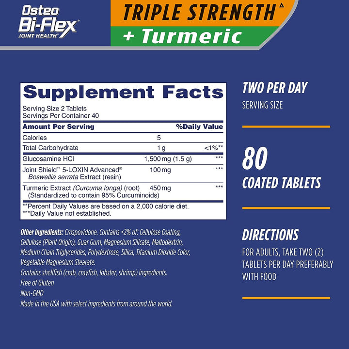 Osteo Bi-Flex Triple Strength Glucosamine with Turmeric, Joint Health Supplement, Coated Tablets, Original Version, 80 Count