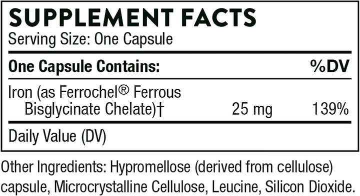 THORNE Iron Bisglycinate - 25 Mg Iron Supplement for Enhanced Absorption without Gastrointestinal Side Effects - NSF Certified for Sport - Gluten-Free - 60 Capsules