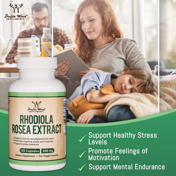 Rhodiola Rosea Supplement 500Mg, 120 Vegan Capsules (Encapsulated and Third Party Tested in the USA, 3% Salidrosides, 1% Rosavins Extract) for Performance, Calming, Motivation by Double Wood