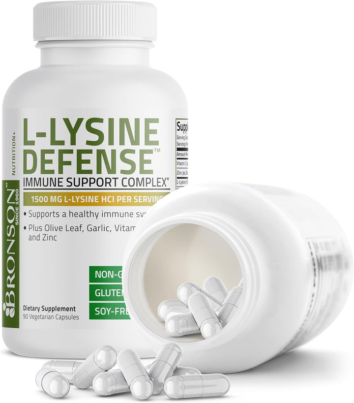 Bronson L-Lysine Defense Immune Support Complex 1500 MG L-Lysine plus Olive Leaf, Garlic, Vitamin C and Zinc - Non-Gmo, 250 Vegetarian Capsules