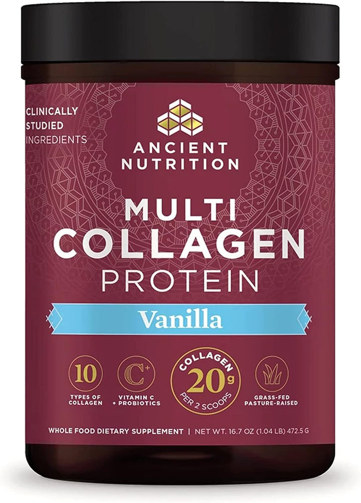 Collagen Powder Protein by Ancient Nutrition, Multi Collagen Vanilla Protein Powder, 45 Servings, with Vitamin C, Hydrolyzed Collagen Peptides Supports Skin and Nails, Gut Health, 16.7Oz