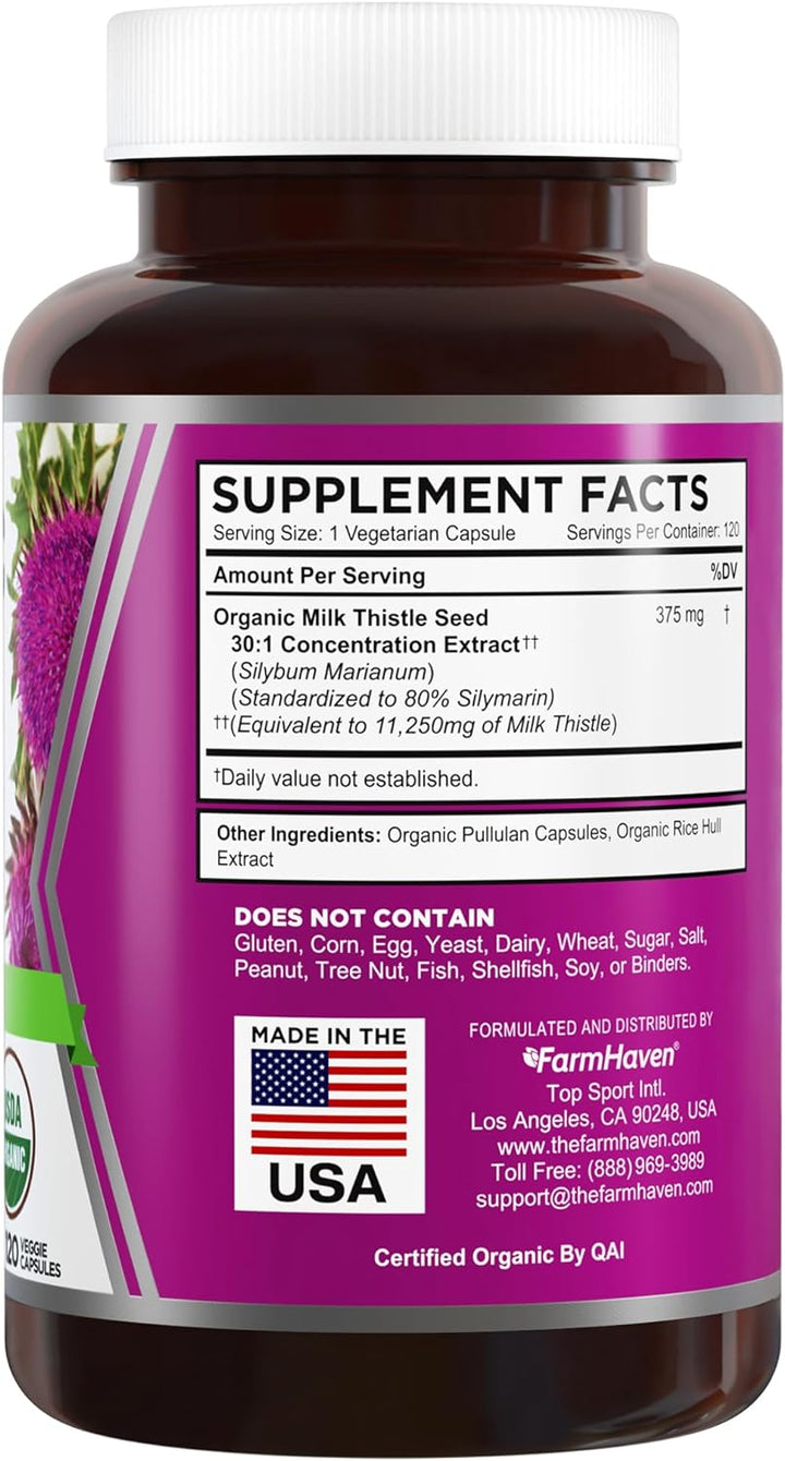 Farmhaven USDA Organic Milk Thistle Capsules |30X Concentrated Seed Extract & 80% Silymarin Standardized - Supports Liver Function and Overall Health | Non-Gmo | 120 Veggie Capsules