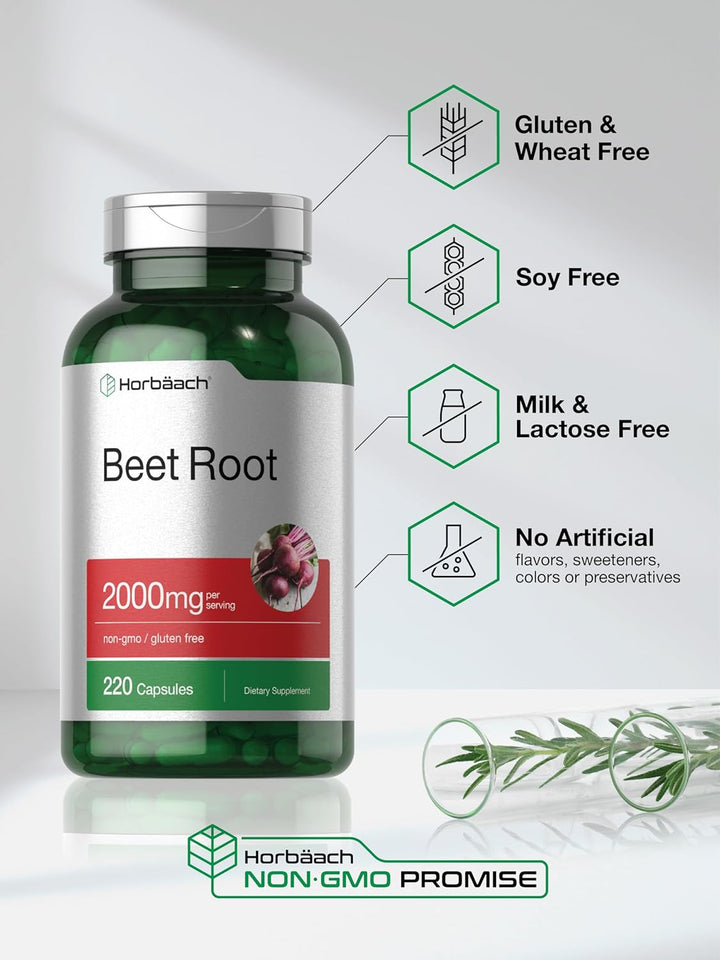 Horbäach Beet Root Powder Capsules | 220 Pills | Herbal Extract | Non-Gmo, Gluten Free, and DNA Tested Supplement