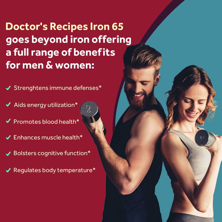 Doctor'S Recipes Iron 65 Mg Carbonyl Iron with Vitamin C, Maximized Absorption Easy on the Stomach, Red Cells Formation, Blood, Heart, Brain, Muscle & Immunity Health, Vegan Non-Gmo 60 Tablets