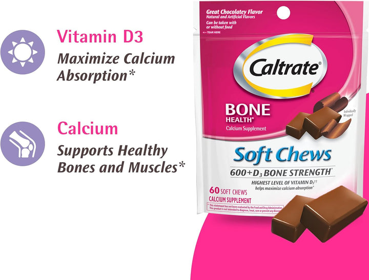 Caltrate Soft Chews 600 plus D3 Calcium Vitamin D Supplement, Chocolate Truffle - 60 Count(Packaging May Vary)