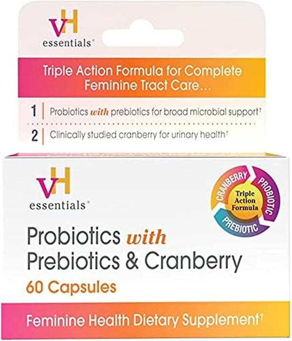 Vh Essentials Probiotics with Prebiotics and Cranberry Feminine Health Supplement, 60 Capsules (Pack of 3)