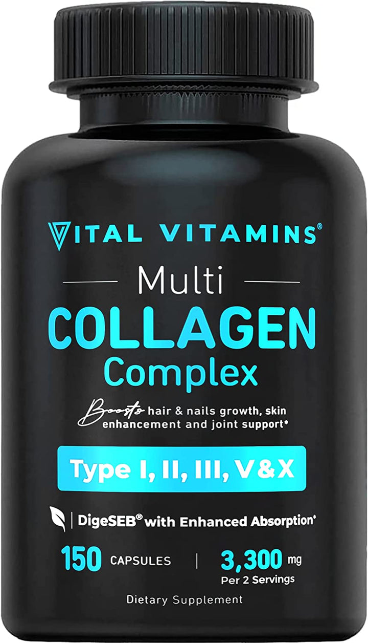 Vital Vitamins Collagen for Women & Men - Type I, II, III, V, X Multi Collagen Pills - Grass Fed, Non-Gmo - 150 Capsules