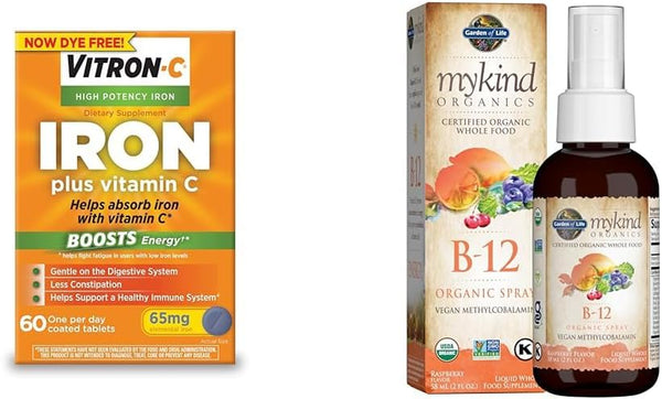 Vitron-C Iron Supplement, Once Daily, High Potency Iron plus Vitamin C, Supports Red & Garden of Life Organics B12 Vitamin - Whole Food B-12 for Metabolism and Energy, Raspberry