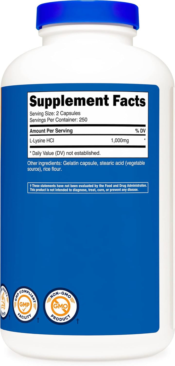 Nutricost L-Lysine 1000Mg, 250 Capsules - 500Mg per Cap, Gluten Free, Non-Gmo