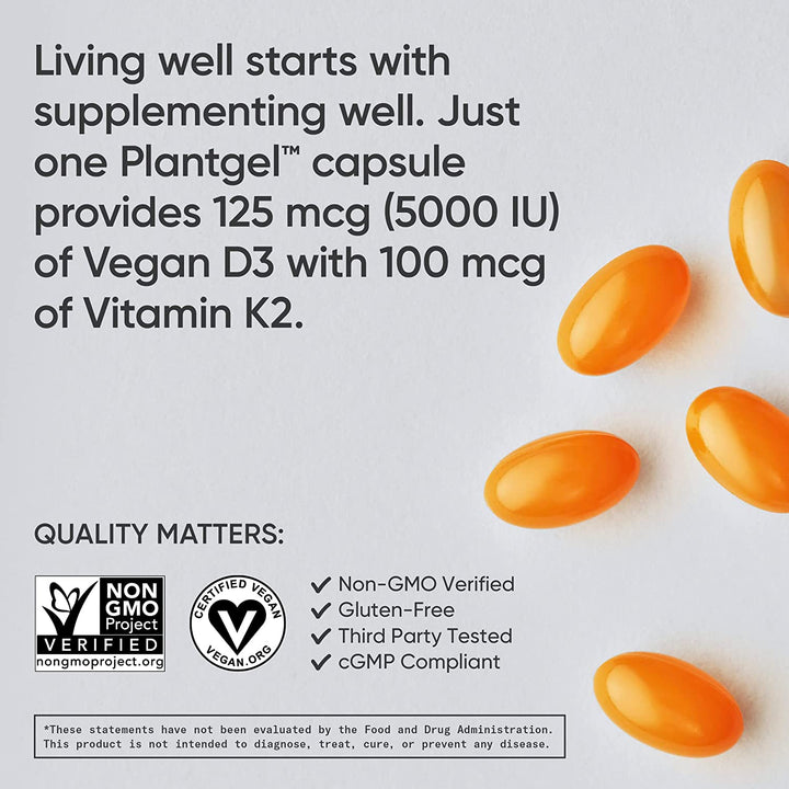 Sports Research Vitamin D3 K2 with Coconut MCT Oil | Vegan D3 2500Iu (62.5Mcg) & Plant Based Vitamin K2 as MK7 Supplement | Vegan Certified, Soy & Gluten Free -60 Liquid Softgels