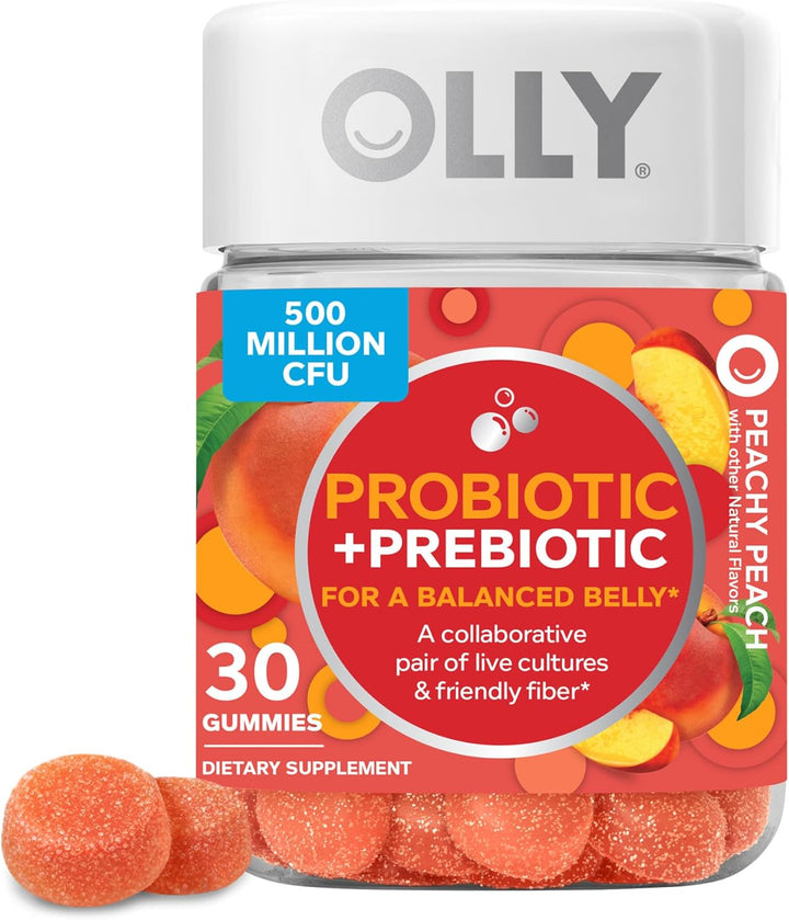 OLLY Probiotic + Prebiotic Gummy, Digestive Support and Gut Health, 500 Million Cfus, Fiber, Adult Chewable Supplement for Men and Women, Peach, 30 Day Supply - 60 Count