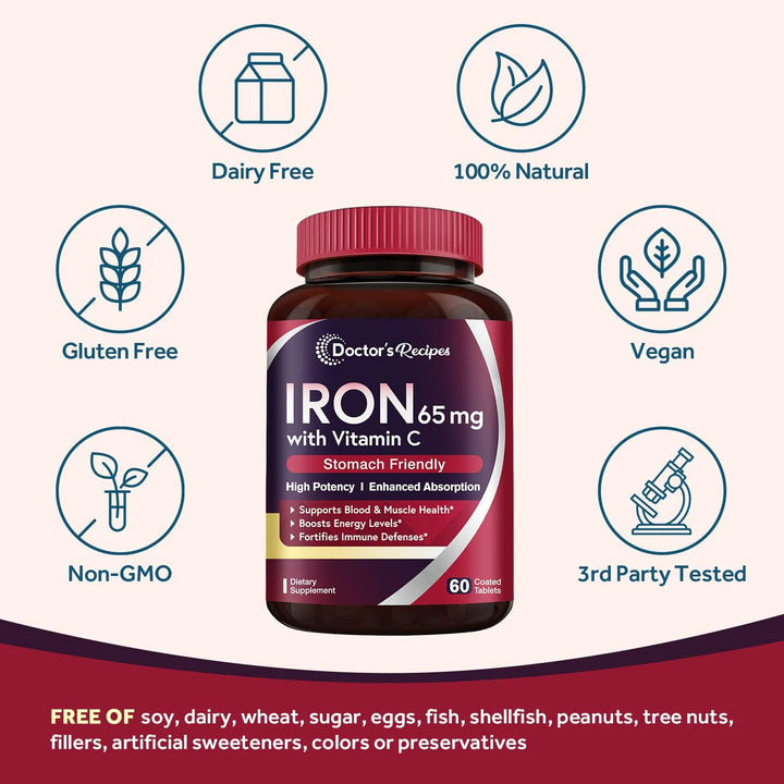 Doctor'S Recipes Iron 65 Mg Carbonyl Iron with Vitamin C, Maximized Absorption Easy on the Stomach, Red Cells Formation, Blood, Heart, Brain, Muscle & Immunity Health, Vegan Non-Gmo 60 Tablets