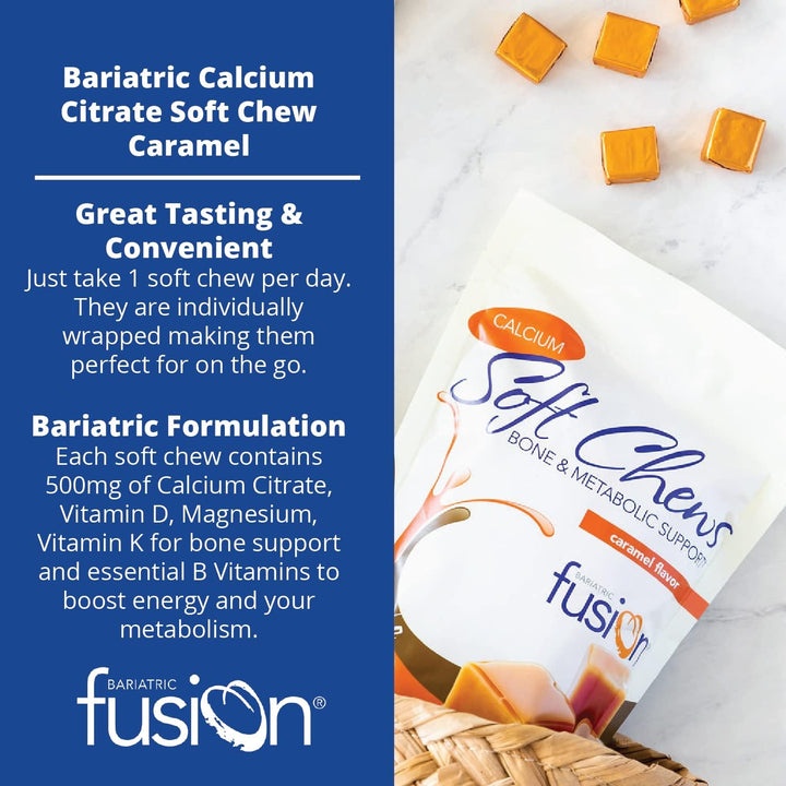 Bariatric Fusion Bariatric Calcium Chews | Caramel Calcium Citrate 500Mg with Vitamin D3 & Energy Soft Chews | Sugar Free Bariatric Vitamin Chewable | Post Gastric Bypass and Sleeve | 60 Count