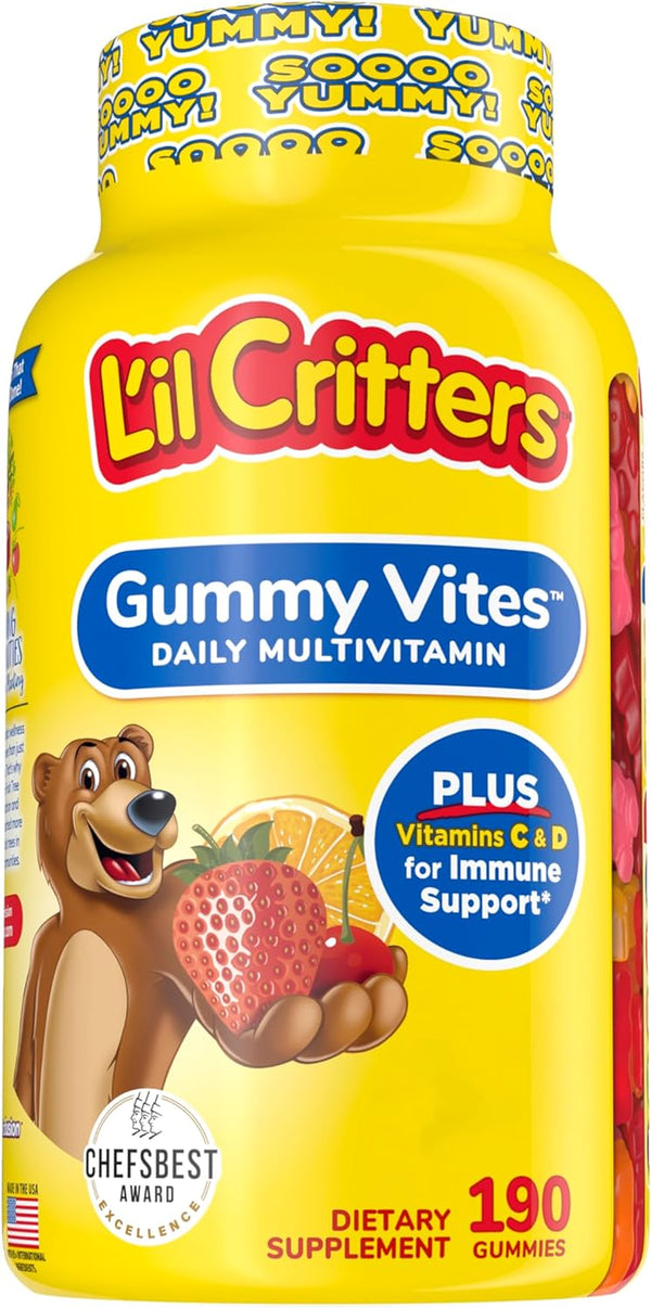 L’Il Critters Gummy Vites Daily Gummy Multivitamin for Kids, Vitamin C, D3 for Immune Support Cherry, Strawberry, Orange, Pineapple and Blueberry Flavors, 190 Gummies