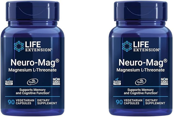 Life Extension Neuro-Mag Magnesium L-Threonate, Magnesium L-Threonate, Brain Health, Memory & Attention, Gluten Free, Vegetarian, Non-Gmo, 90 Vegetarian Capsules (Pack of 2)