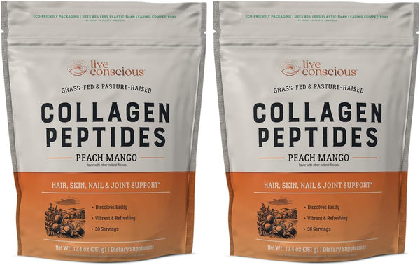 Live Conscious Collagen Peptides Powder - Peach Mango Flavored Collagen Powder - Hair, Skin, Nail, & Joint Support - Type I & III Grass-Fed Collagen Supplements for Women and Men (2-Pack)